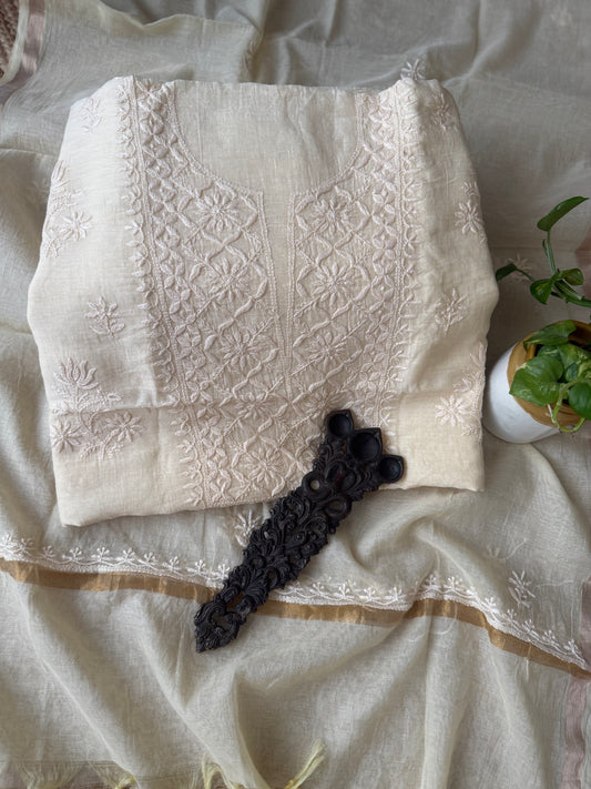 FLESH PREMIUM  MULL CHANDERI LUCKNOWI CHICKENKARI HAND EMBROIDERY THREE PIECE SUIT