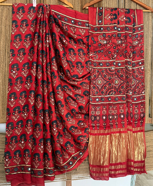 MAROON AJRAKH HANDCRAFTED MIRROR WORK MODAL SILK SARI WITH ZARI PALLU