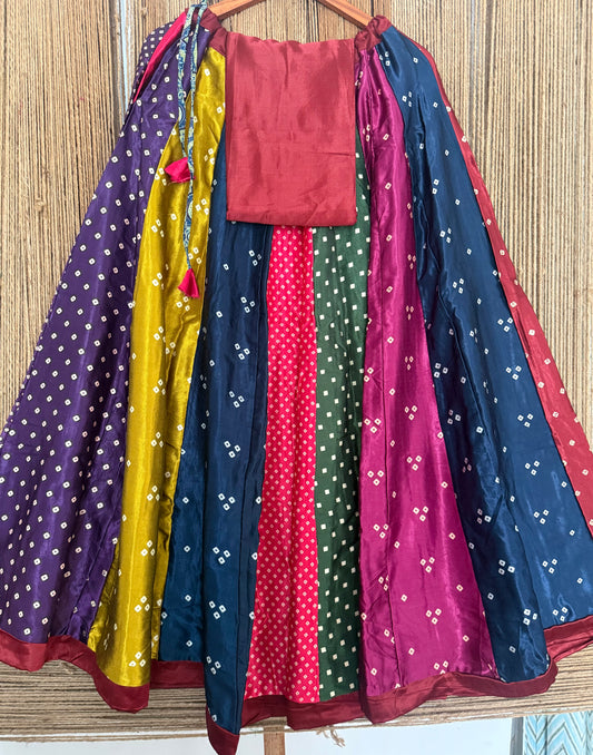 Maroon Mustard mashru silk blouse-with bandhani Patola patchwork  handcrafted mashru silk Skirt