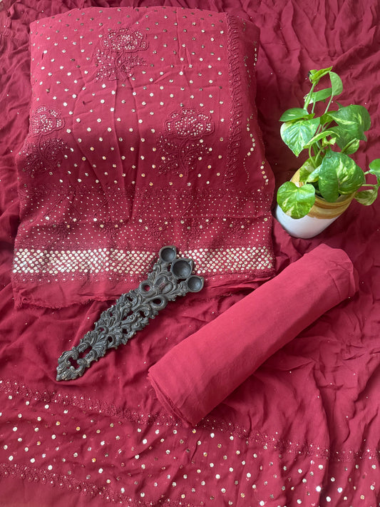 Brick Pink premium mukesh work Georgette lucknowi chickenkari hand embroidery three piece suit