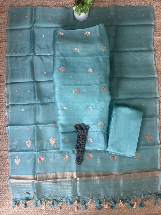 Beach Blue Ombré Shade kora silk certified handloom banarsi kadwa booti meenakari three piece suit