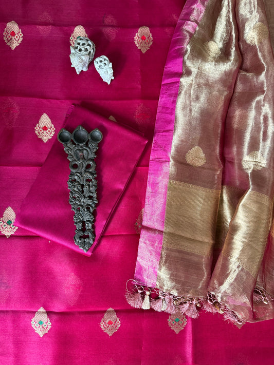 Bright pink Minakari  Kora silk certified handloom Banarsi kadwa Booti three piece suit   CBS-35