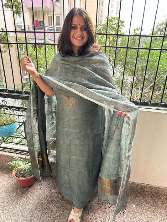 TEAL GREEN WOVEN LINEN  KURTA SET