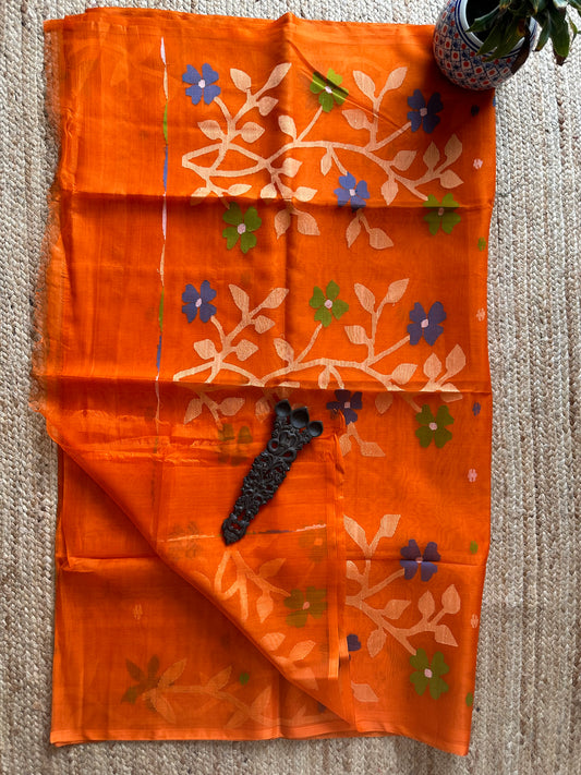 ORANGE HANDWOVEN PURE MUSLIN SILK SARI