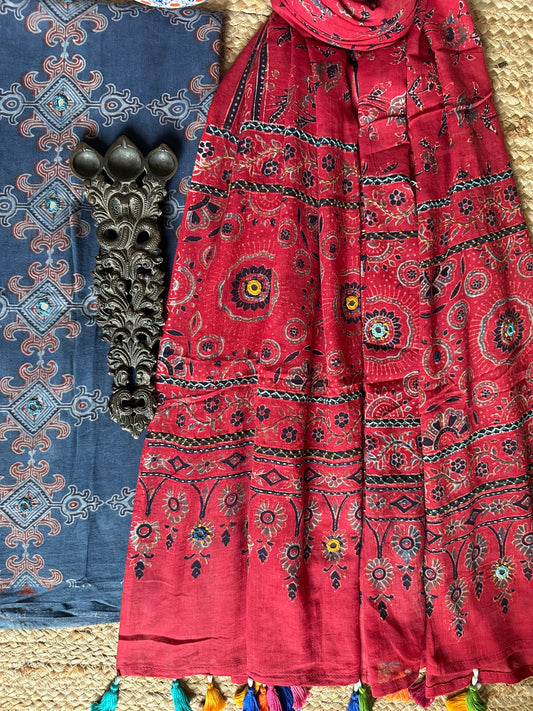 BLUE AJRAKH HANDBLOCK AND HAND EMBROIDERY KURTA WITH  AJRAKH HAND EMBROIDERY DUPATTA