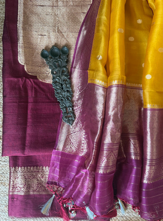 BURGUNDY MAROON RAW SILK CERTIFIED HANDLOOM BANARSI SUIT WITH WOVEN ZARI THREE PIECE SUIT