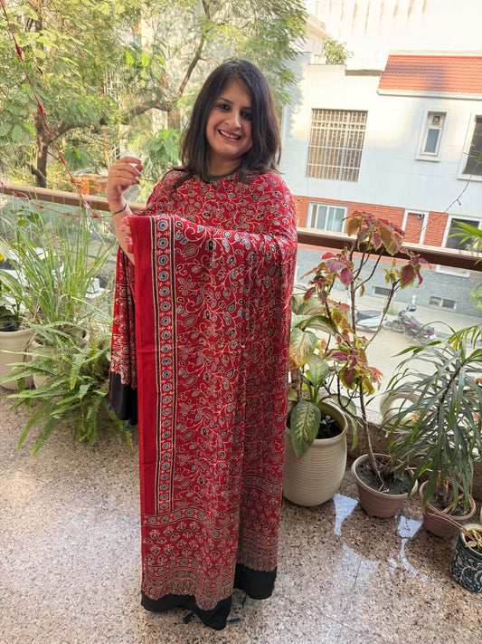 MAROON AJRAKH MODAL SILK HANDBLOCK KURTA SET