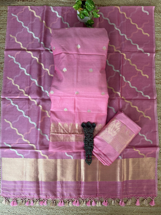 Queen Pink Cotton silk certified handloom banarsi kadwa booti meenakari With kora Dupatta three piece suit