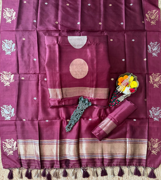 Athletic Maroon Katan silk certified handloom banarsi kadwa booti three piece suit   cbs-58