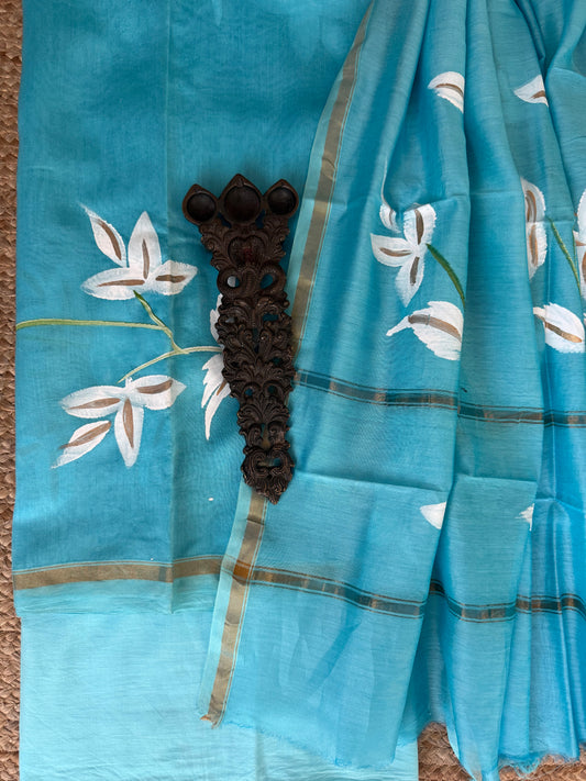 Baby blue chanderi handblock suit set