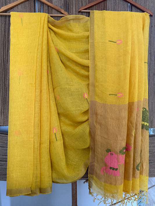 BUTTER YELLOW HANDWOVEN JAYSHREE LINEN JAMDANI SARI