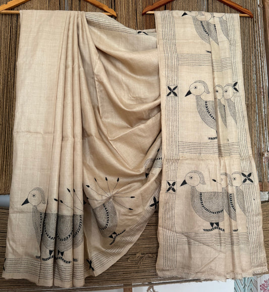 NATURAL BEIGE WITH  THREAD HAND EMBROIDERY KANTHA WORK TUSSAR SILK SARI