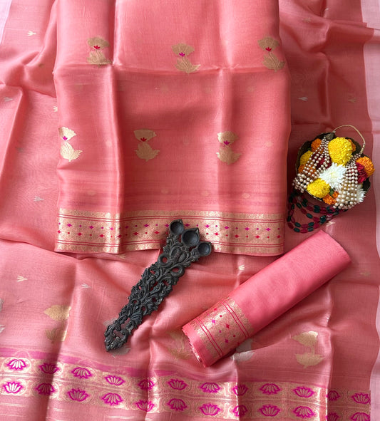 Coral Pink Ombré Shade kora silk certified handloom banarsi kadwa booti meenakari three piece suit