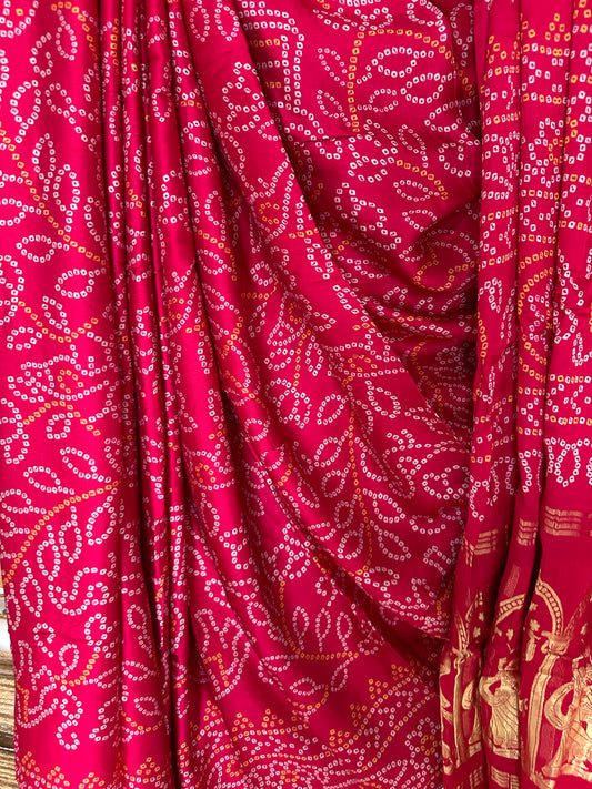 PINK BANDHANI  MODAL SILK PATOLA PRINT SARI WITH NAKSHI ZARI BORDER