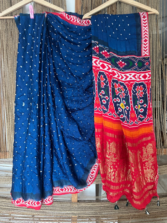 BLUE RED MODAL SILK BANDHANI  SARI WITH PATOLA PRINT