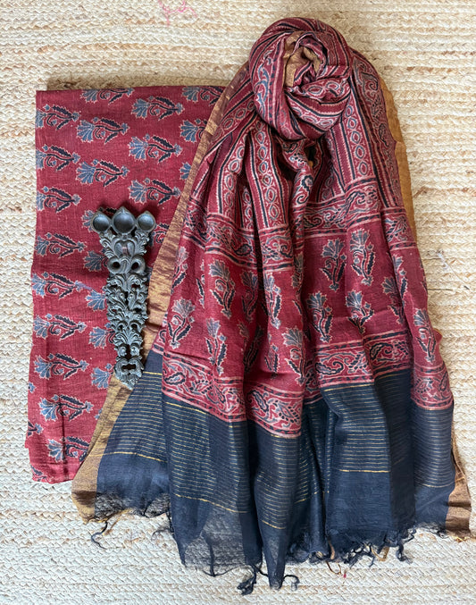 MAROON AJRAKH LINEN SILK HANDBLOCK SUIT SET