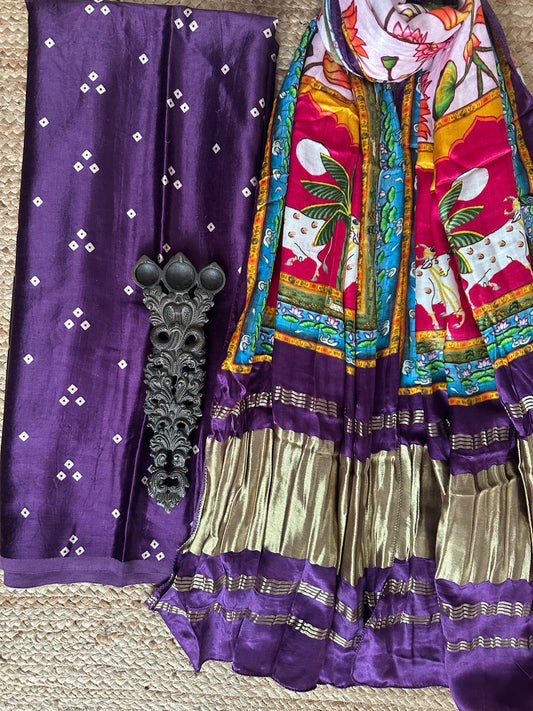 PURPLE THREE DOTS MASHRU SILK KURTA WITH PATOLA HANDCRAFTED MODAL SILK DUPATTA PS-14