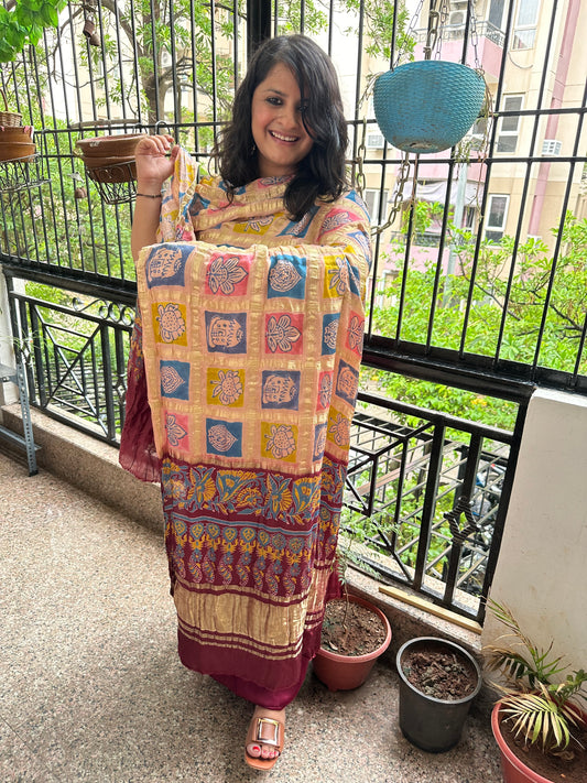 MAROON  MODAL   SOLID  KURTA WITH AJRAKH HANDCRAFTED GHARCHOLA DUPATTA SET