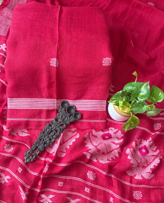 RED PINK PURE JAYSHREE  LINEN JAMDANI HANDWOVEN KURTA SET