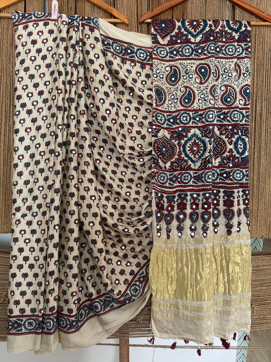 BEIGE AJRAKH HANDCRAFTED MIRROR WORK MODAL SILK SARI WITH ZARI PALLU