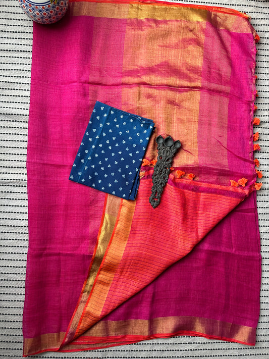 MAGENTA PINK  LINEN COTTON SARI WITH WOVEN ORANGE BORDER