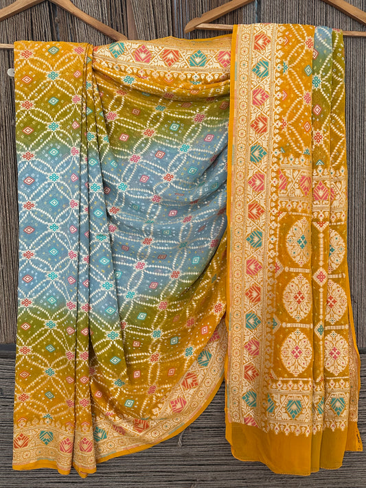 Fire Yellow & Blue Gray Dual Shade Handwoven Neem Zari Bareek Bandhani Saree with Khaddi Georgette with Meenakari Work BS- 17