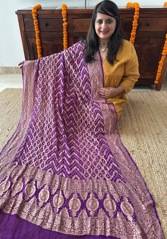 Tacao Purple Handwoven NeemZari Bareek Bandhani in Khaddi Georgette dupatta BD-1024