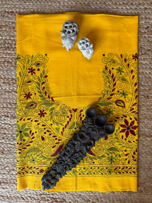 MANGO YELLOW COTTON SILK KANTHA WORK UN STITCHED BLOUSE PIECE