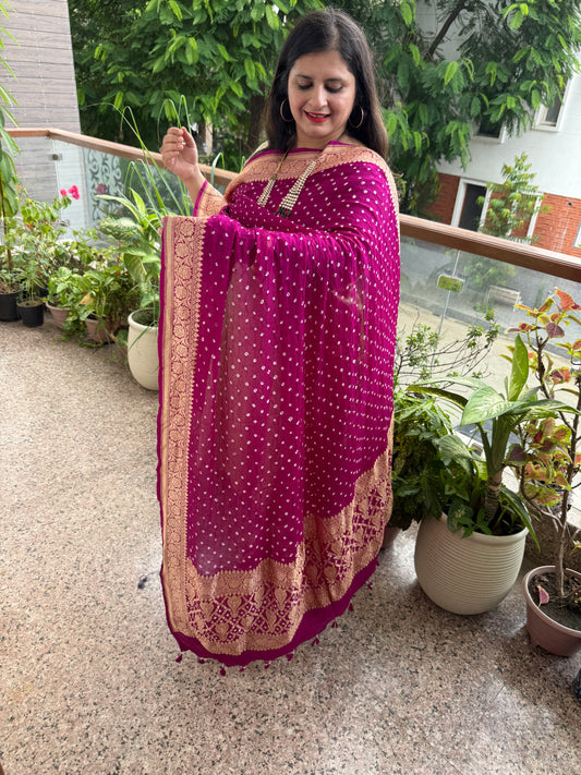 Magenta purple handwoven neemzari bareek bandhani in khaddi premium georgette dupatta