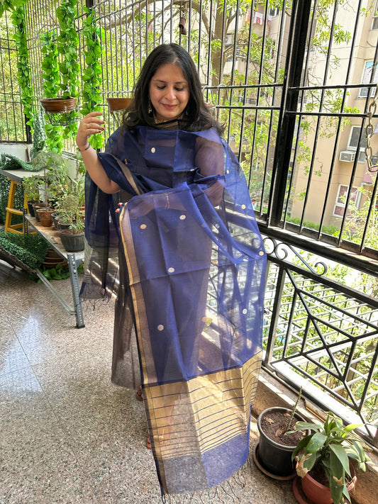 GOLDEN ROYAL BLUE TISSUE  MAHESHARI SILK HANDLOOM KURTA SET