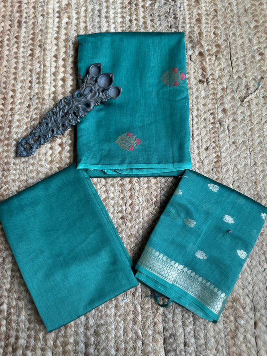 TEAL GREEN CHANDERI  HANDLOOM THREE PIECE  SET SUIT