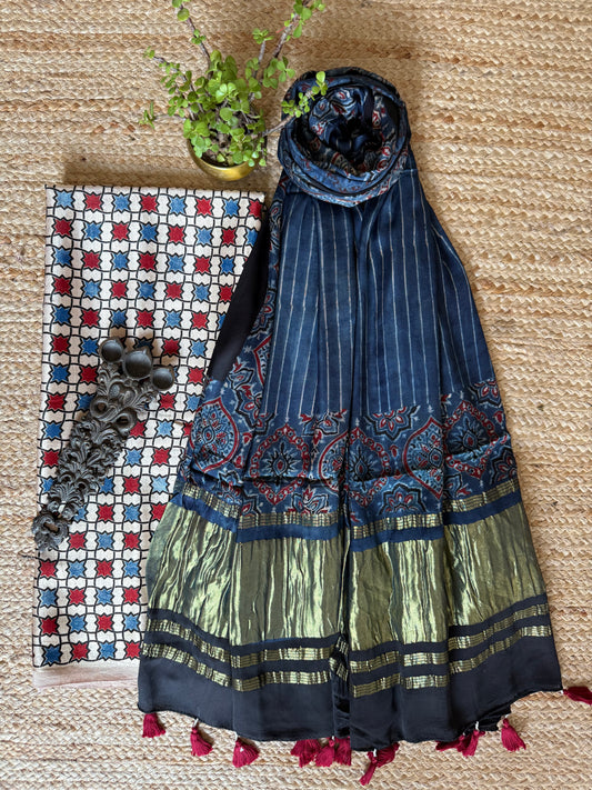 BEIGE GOLDEN AJRAKH PRINTED MASHRU SILK KURTA WITH AJRAKH  HANDCRAFTED MODAL SILK DUPATTA  ps-235
