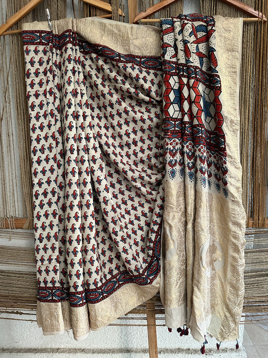 BEIGE BLACK DOLA  SILK AJRAKH ZARI BORDER SARI