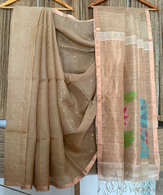 Taupe Beige Jamdani sequence work handwoven pure muslin silk sari With Matka Silk Blouse Piece