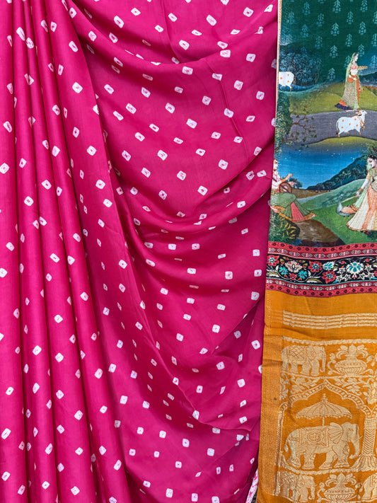 PINK & YELLOW MODAL SILK BANDHANI  SARI WITH PICHWAI PRINT BPS 41