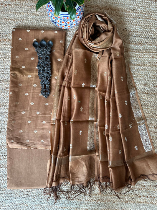 Brown Chanderi handloom Banarsi Booti three piece suit