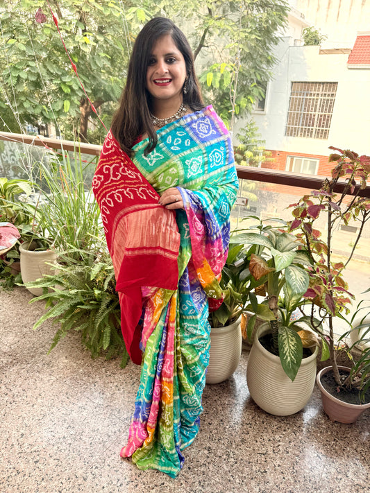 MULTI COLOUR & RED GAJJI SILK GHARCHOLA RAI BANDHANI GAJJI SARI  BS- 2014