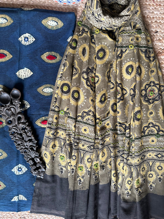 NAVY BLUE AJRAKH HANDBLOCK AND HAND EMBROIDERY KURTA WITH  AJRAKH HAND EMBROIDERY DUPATTA