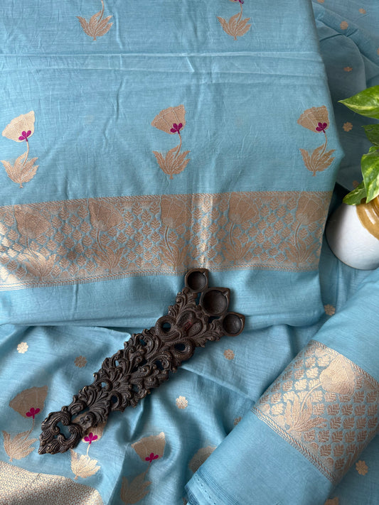 Morning sky blue mull cotton certified handloom banarsi kadwa booti three piece suit