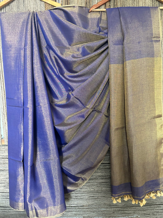 INK BLUE TISSUE LINEN ZARI SARI WITH WOVEN RED BORDER