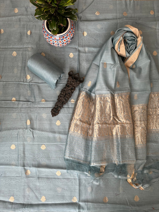 Slate Blue chanderi Katan silk certified handloom Banarsi Booti three piece suit