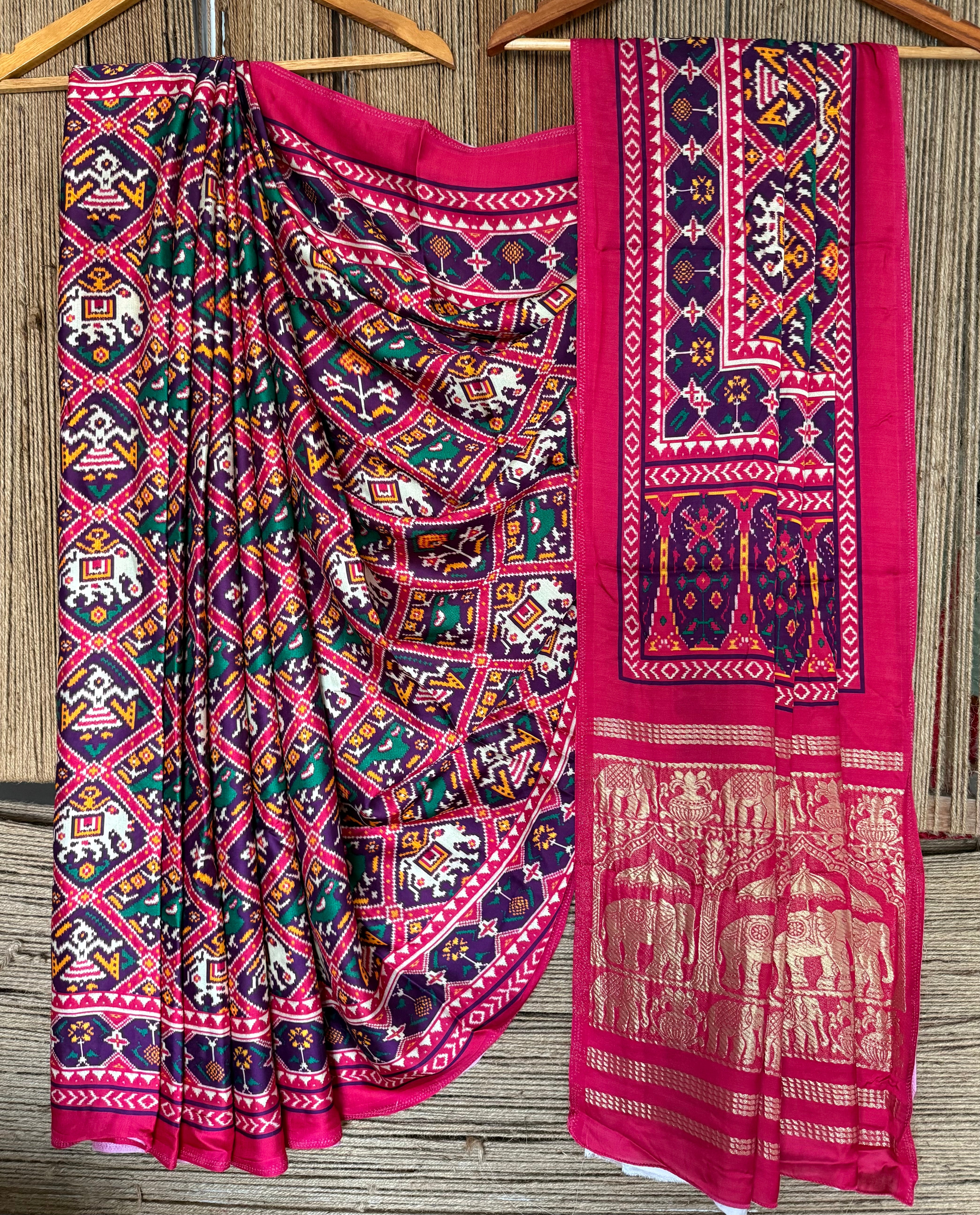 PURPLE PINK MODAL SILK PATOLA PRINT SARI WITH ZARI BORDER PMS- – Weavekala