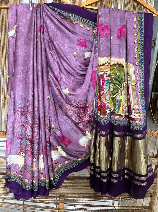 PURPLE PICHWAI  MODAL SILK PATOLA PRINT SARI WITH ZARI BORDER