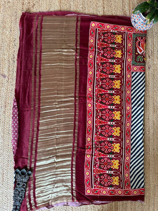 CREAM MAROON MODAL SILK PICHWAI SARI WITH ZARI BORDER