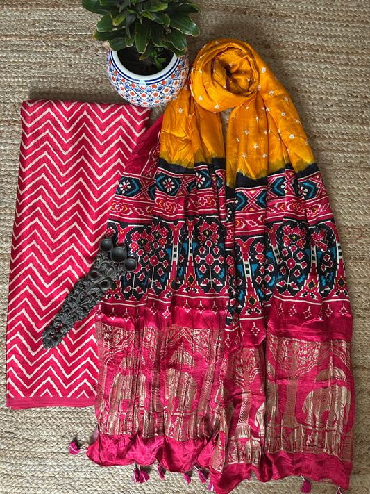 PINK MASHRU KURTA WITH BANDHANI PICHWAI HANDCRAFTED  MODAL SILK DUPATTAS