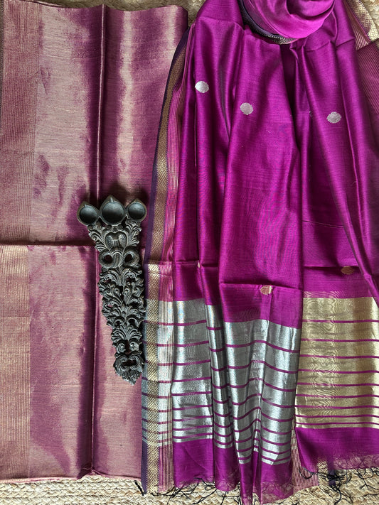 PURPLE SILVER & GOLD TISSUE  MAHESHARI SILK HANDLOOM KURTA SET