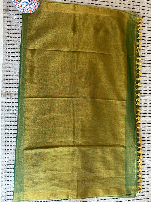 MOSS GREEN TISSUE LINEN ZARI SARI WITH WOVEN MAROON BORDER