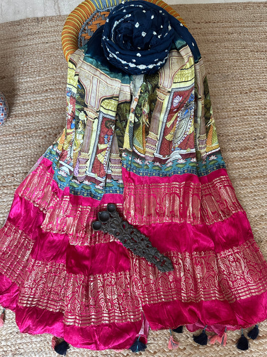 DENIM BLUE WITH PINK MODAL SILK BANDHANI DUPATTA WITH PICHWAI PRINT IN NAKSHI BORDER