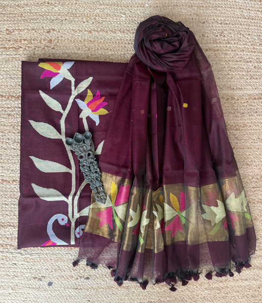 Burnt maroon handwoven jamdani pure cotton silk kurta set mjk-