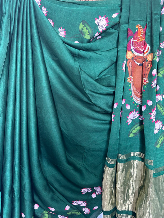 GREEN PICHWAI MODAL SILK PRINT SARI WITH ZARI BORDER